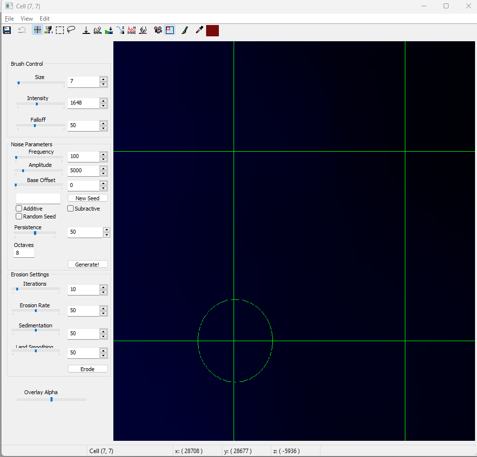 Cursor hovering over the southwest corner of Cell (7, 7). Z = -5936 at this position.