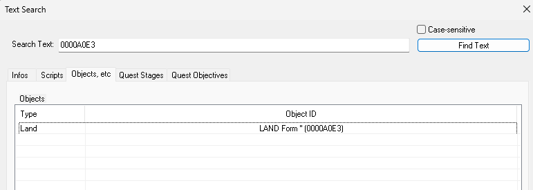 Search window with result text: LAND Form " (0000A0E3)