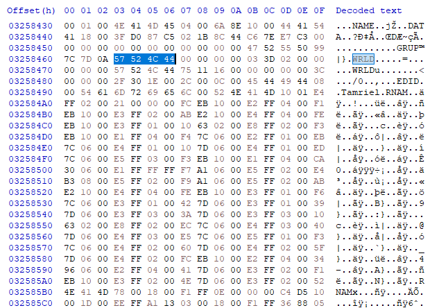 Hex data from the WRLD group