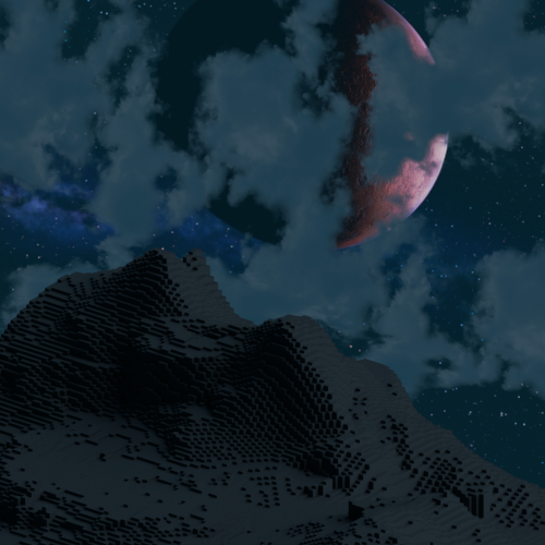 The moon of Masser (from Skyrim) and a cacophony of stars are obscured by clouds, overlooking a small voxel mountain.