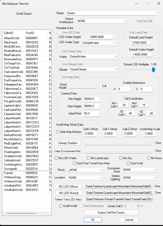 Skyrim's Tamriel Object information in Creation Kit